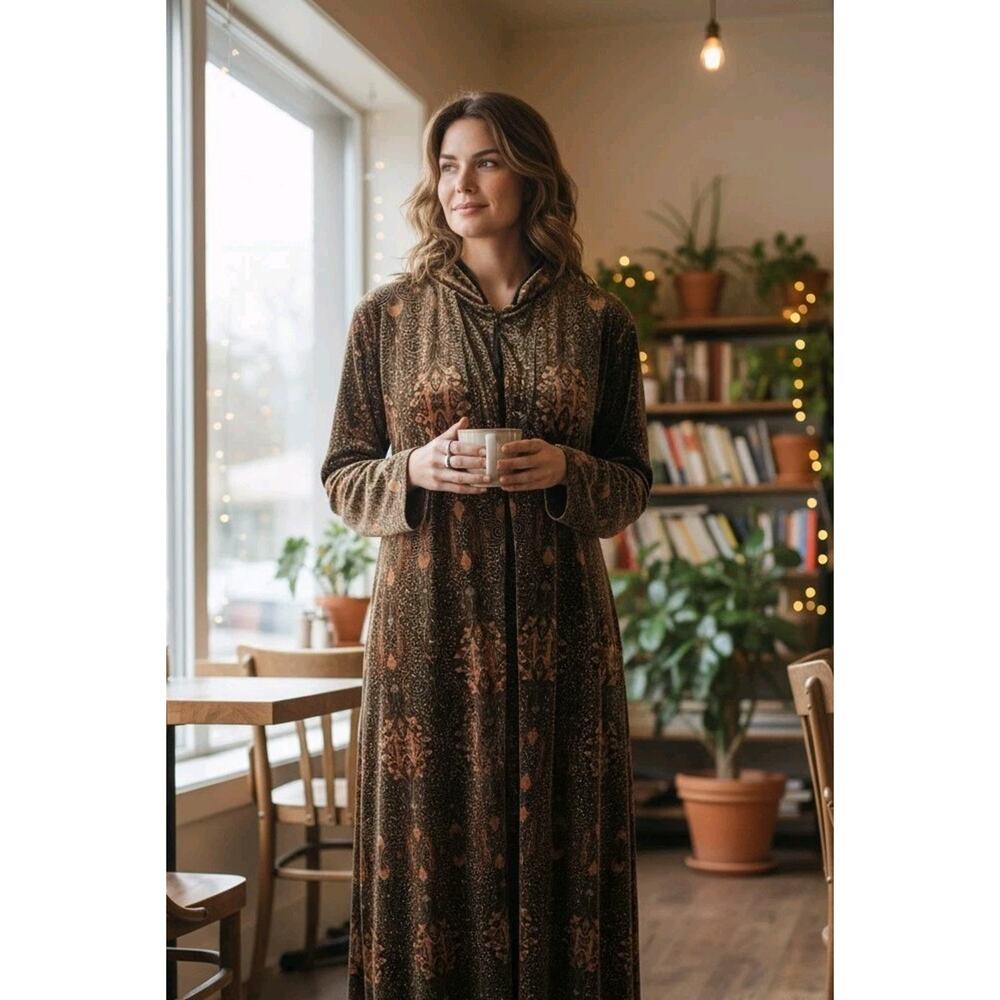 Vintage Laura Michelle Velvet Paisley Caftan Robe Brown Gold XL Boho Whimsigoth